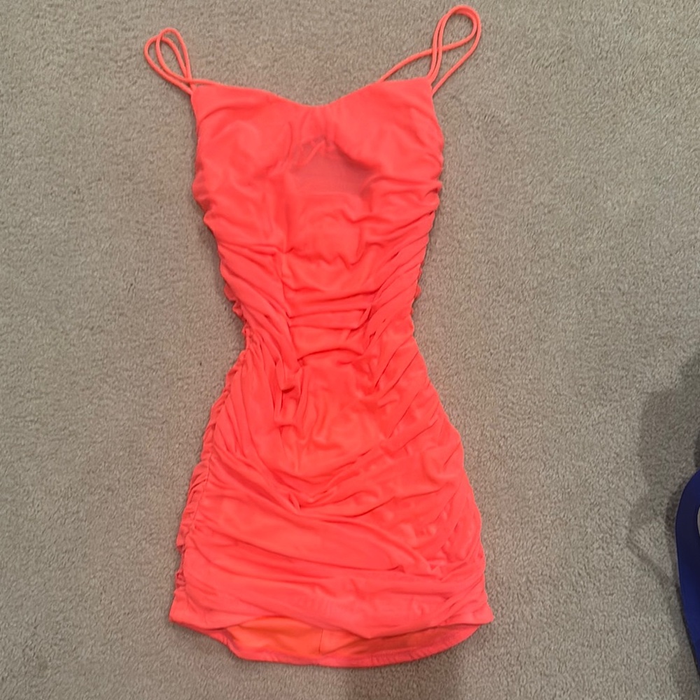 Lucy In the Sky Coral Ruched Mini Dress